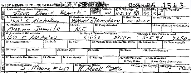 Missing person report, Branch, page one